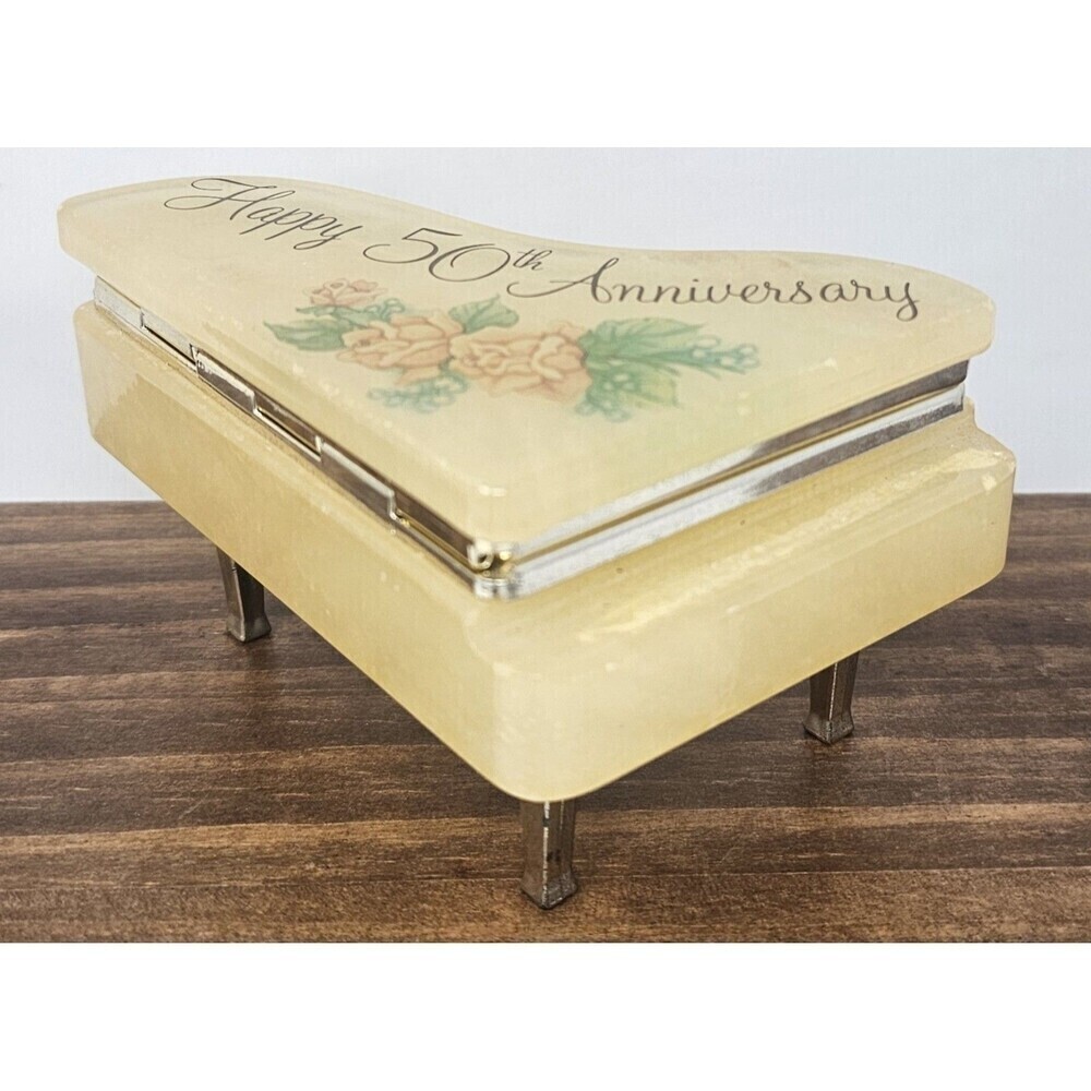 Hand Carved Alabaster Piano Trinket Box Italy Floral Happy 50th Anniversary
